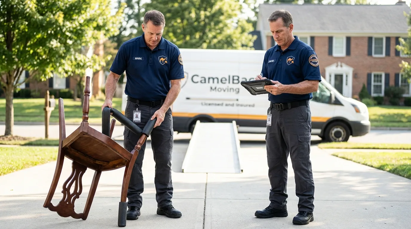 Movers inspecting furniture for damage prevention before loading in Gate City, VA